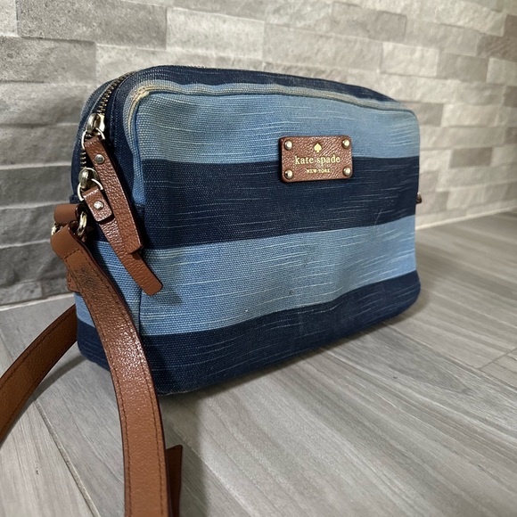 Kate Spade Denim Stripe Crossbody Camera Bag- leather Strap- Blue Brown Gold - Picture 3 of 11